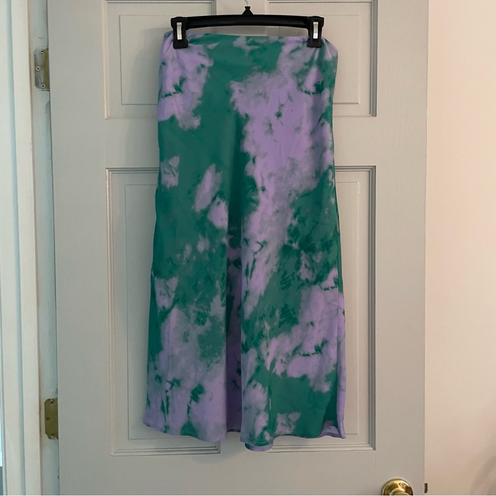 Nwt Entro Green and Purple Tie Dye A-Line Midi Skirt with Slit Size Large